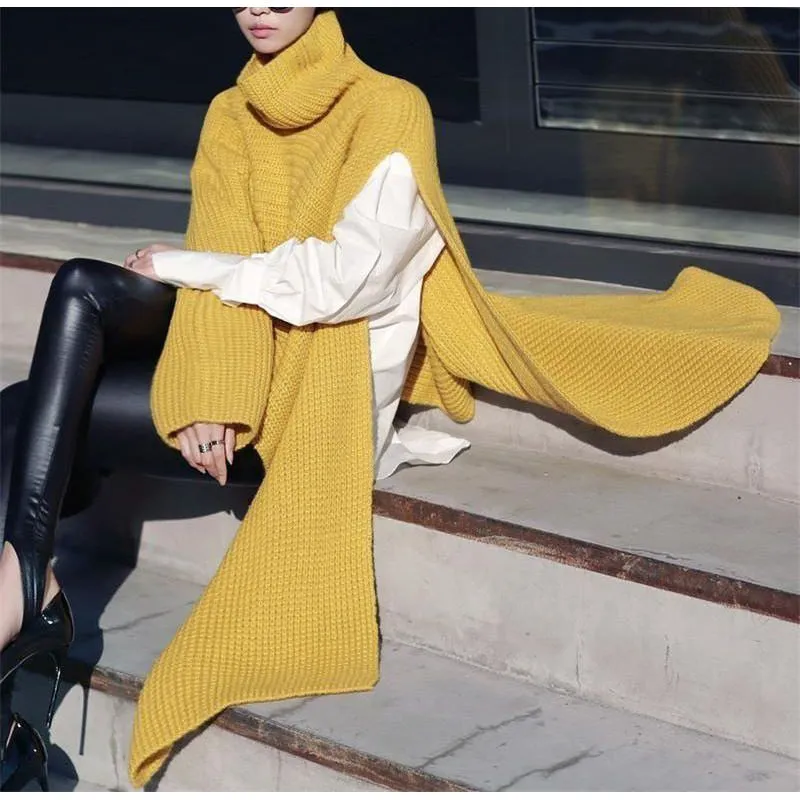 Women's Asymmetric Turtleneck Long Sleeve Side Split Knit Sweater