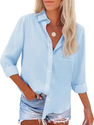 Womens Button Down Shirts Cotton Dress Shirts Oxford Shirts Long Sleeve Work Blouses Collared Tops Tunics with Pocket