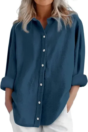 Womens Button Down Shirts Dress Shirts Long Sleeve Blouses V Neck Solid Casual Tunics Tops
