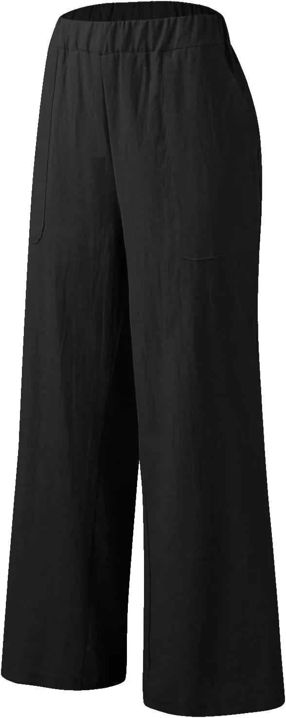 Womens Casual Solid High Waisted Trousers with Pockets Loose Wide Leg Cozy Pants Baggy Comfy Straight Leg Pants