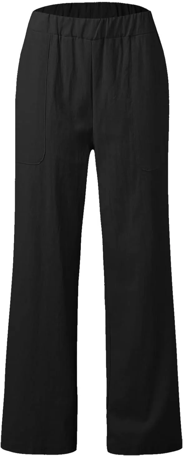 Womens Casual Solid High Waisted Trousers with Pockets Loose Wide Leg Cozy Pants Baggy Comfy Straight Leg Pants
