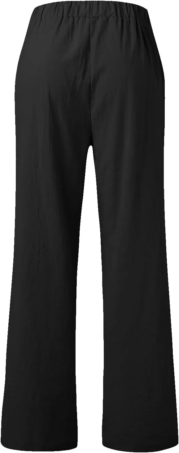 Womens Casual Solid High Waisted Trousers with Pockets Loose Wide Leg Cozy Pants Baggy Comfy Straight Leg Pants
