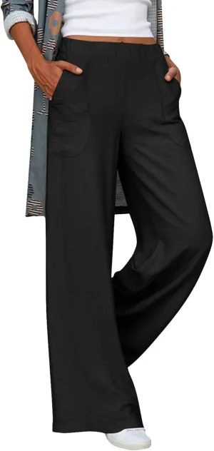 Womens Casual Solid High Waisted Trousers with Pockets Loose Wide Leg Cozy Pants Baggy Comfy Straight Leg Pants