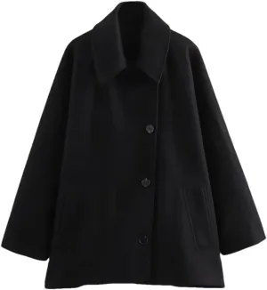 Women's Collar Short Wool Blend Coat Solid Color Casual Loose Flared Sleeve Wool Coat