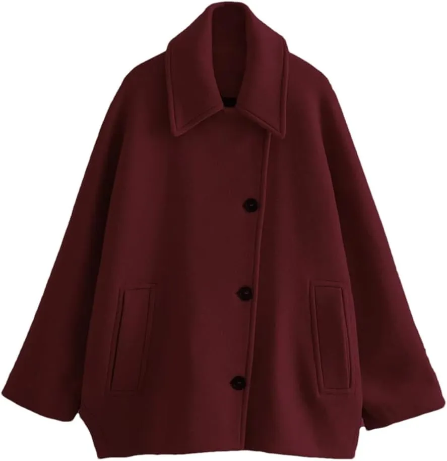 Women's Collar Short Wool Blend Coat Solid Color Casual Loose Flared Sleeve Wool Coat