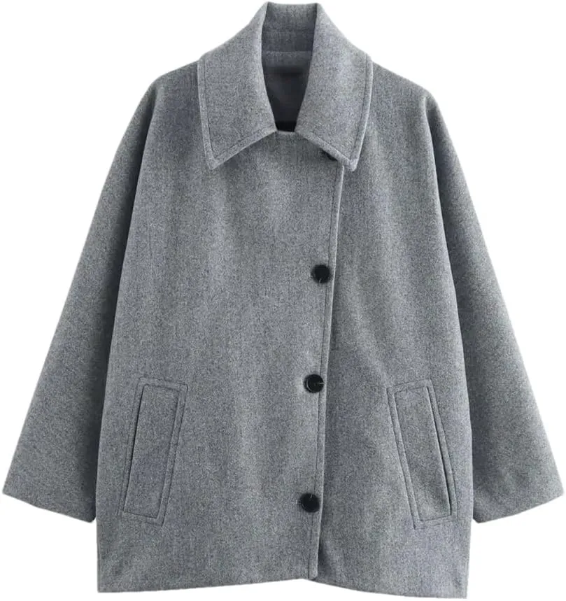 Women's Collar Short Wool Blend Coat Solid Color Casual Loose Flared Sleeve Wool Coat