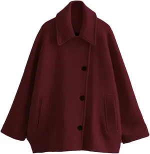 Women's Collar Short Wool Blend Coat Solid Color Casual Loose Flared Sleeve Wool Coat
