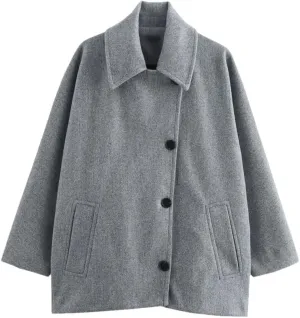 Women's Collar Short Wool Blend Coat Solid Color Casual Loose Flared Sleeve Wool Coat