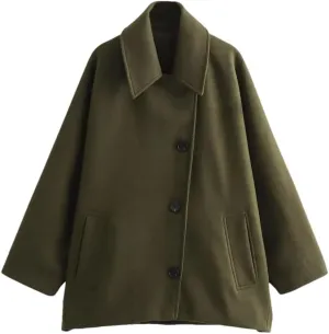 Women's Collar Short Wool Blend Coat Solid Color Casual Loose Flared Sleeve Wool Coat