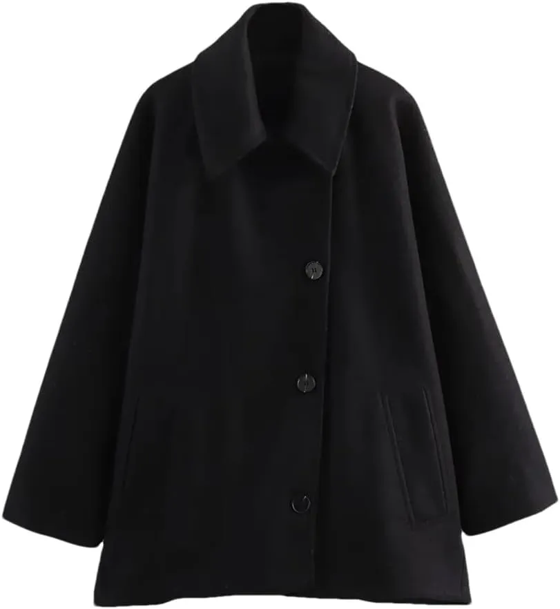 Women's Collar Short Wool Blend Coat Solid Color Casual Loose Flared Sleeve Wool Coat