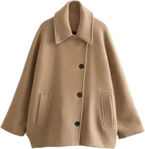 Women's Collar Short Wool Blend Coat Solid Color Casual Loose Flared Sleeve Wool Coat