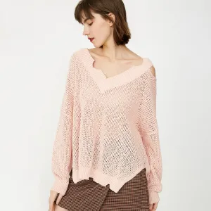 Women's Cotton V-Neck Ripped Knitted Sweater