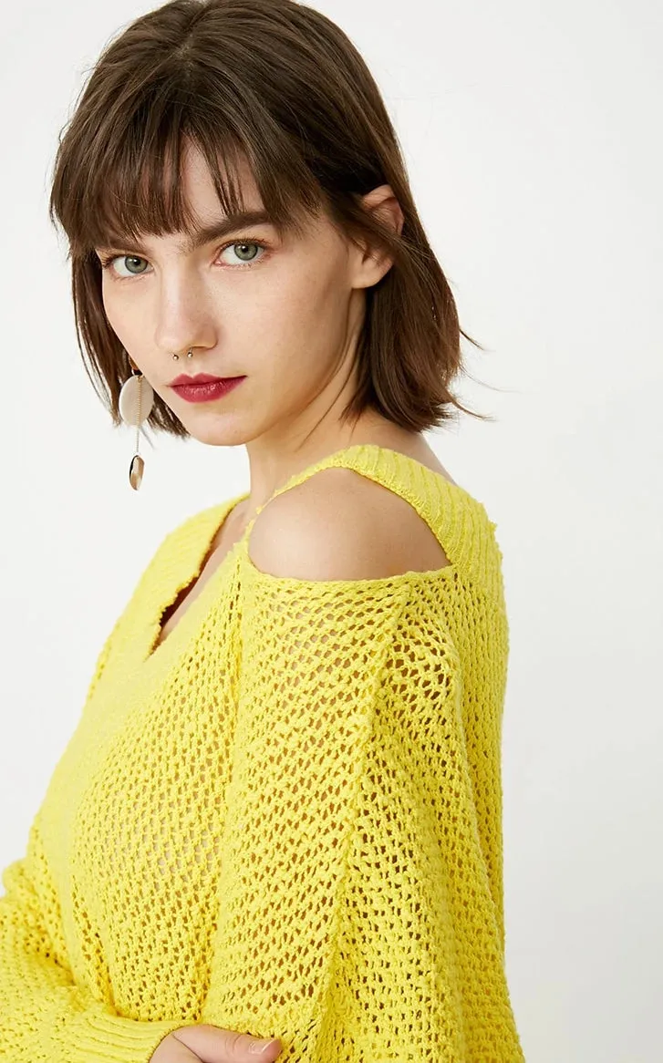 Women's Cotton V-Neck Ripped Knitted Sweater