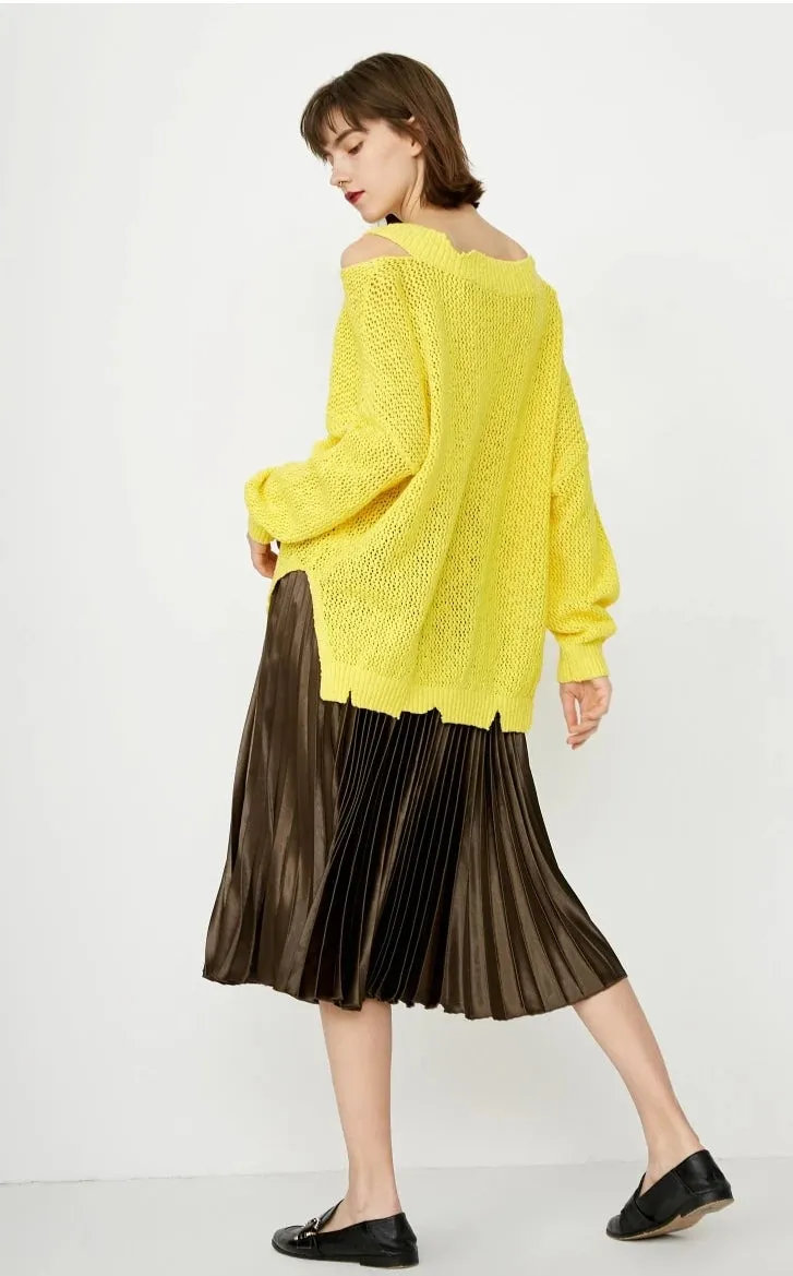 Women's Cotton V-Neck Ripped Knitted Sweater