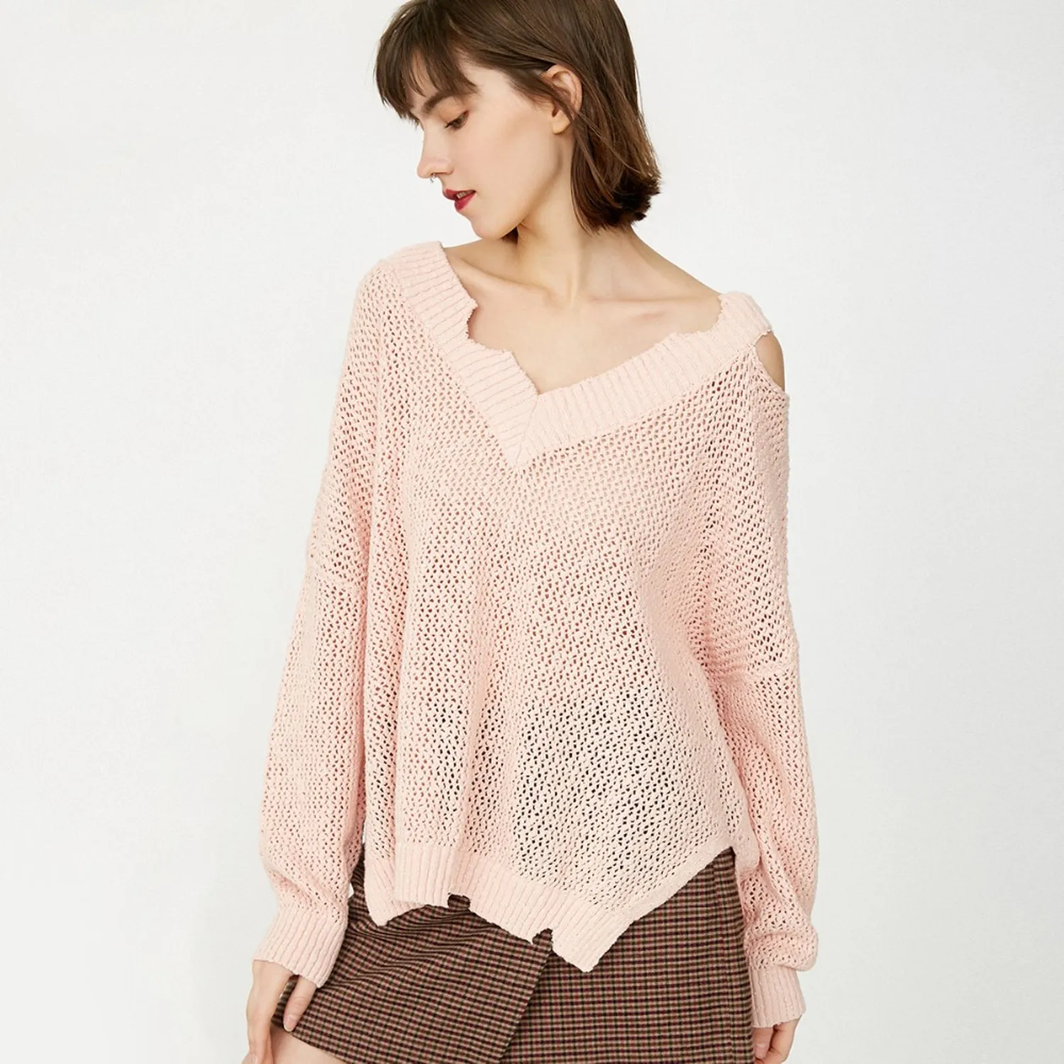 Women's Cotton V-Neck Ripped Knitted Sweater