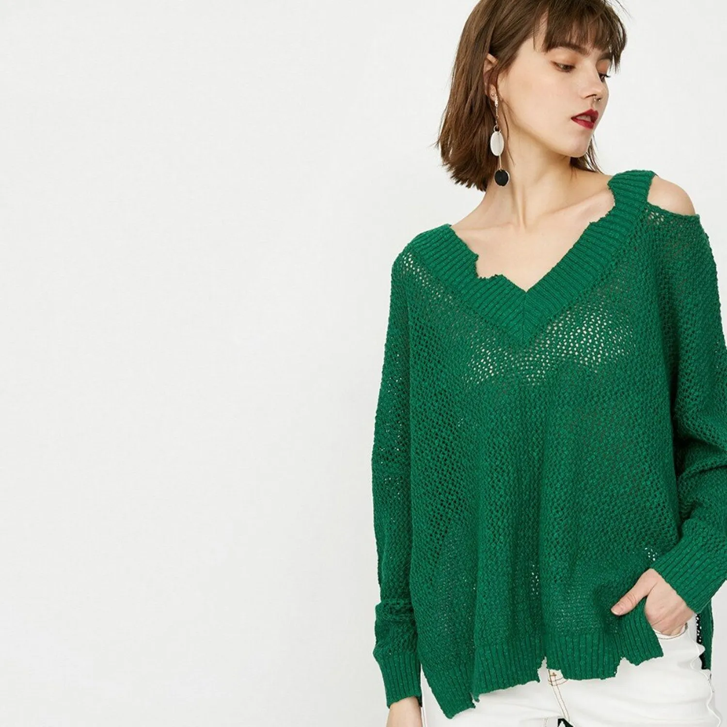 Women's Cotton V-Neck Ripped Knitted Sweater