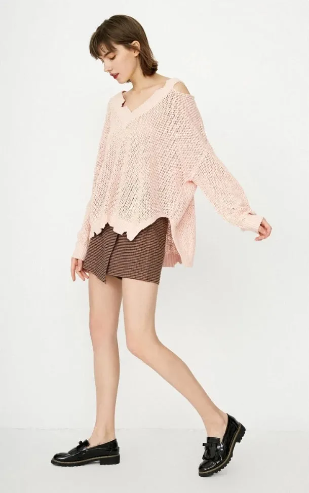 Women's Cotton V-Neck Ripped Knitted Sweater
