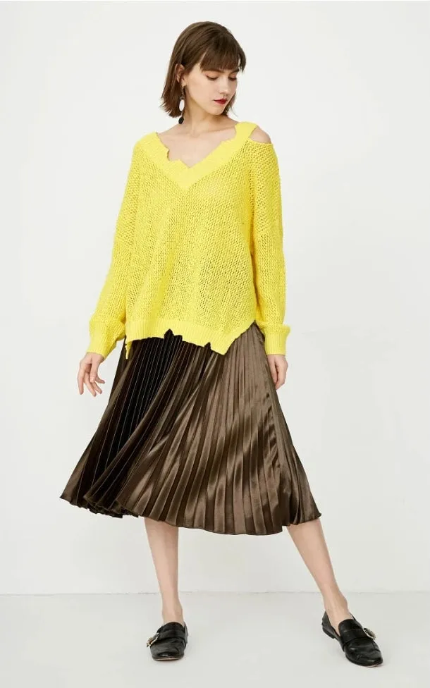 Women's Cotton V-Neck Ripped Knitted Sweater