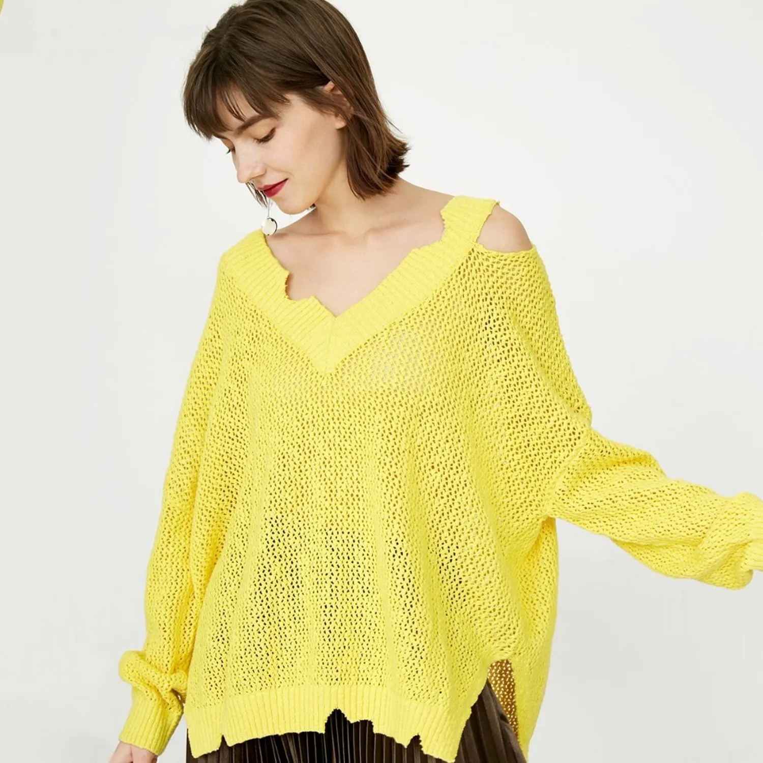 Women's Cotton V-Neck Ripped Knitted Sweater