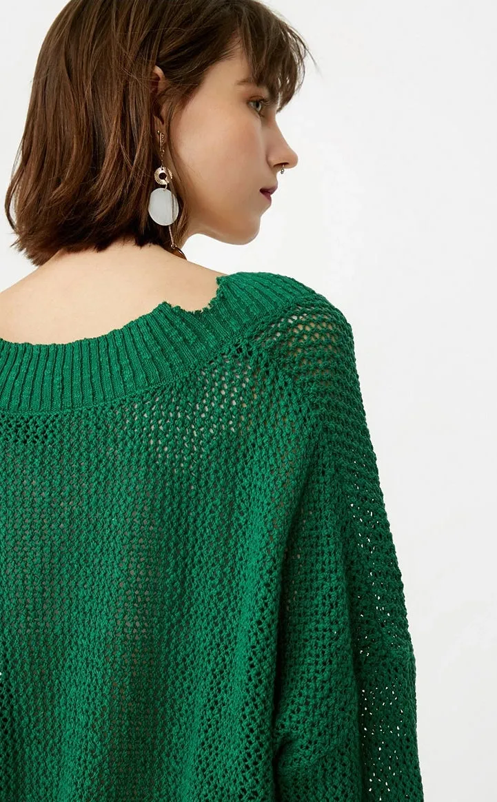 Women's Cotton V-Neck Ripped Knitted Sweater