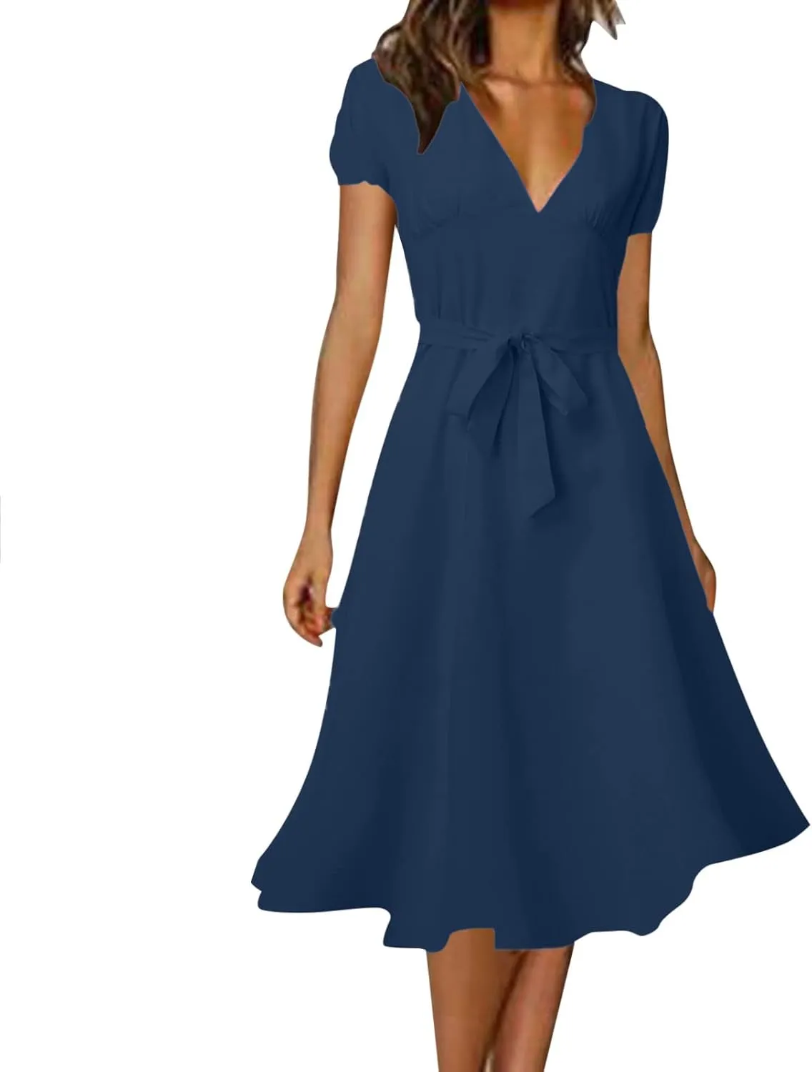 Women's Formal Dresses Elegant Deep V-Neck Short Puff Sleeve Crew Neck Knee Length Dresses with Blet Boho Summer Clothes