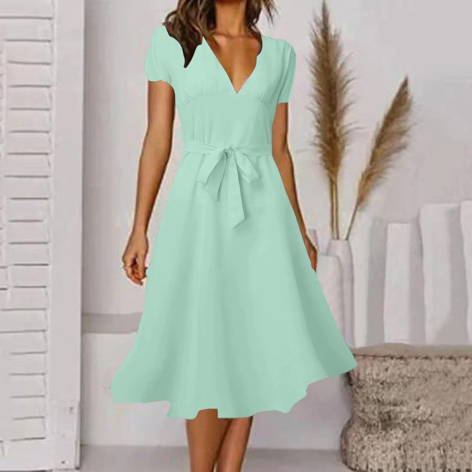 Women's Formal Dresses Elegant Deep V-Neck Short Puff Sleeve Crew Neck Knee Length Dresses with Blet Boho Summer Clothes