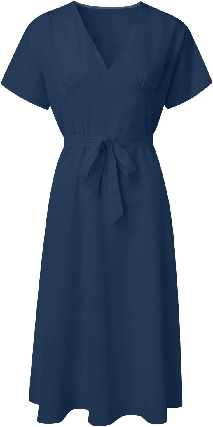 Women's Formal Dresses Elegant Deep V-Neck Short Puff Sleeve Crew Neck Knee Length Dresses with Blet Boho Summer Clothes