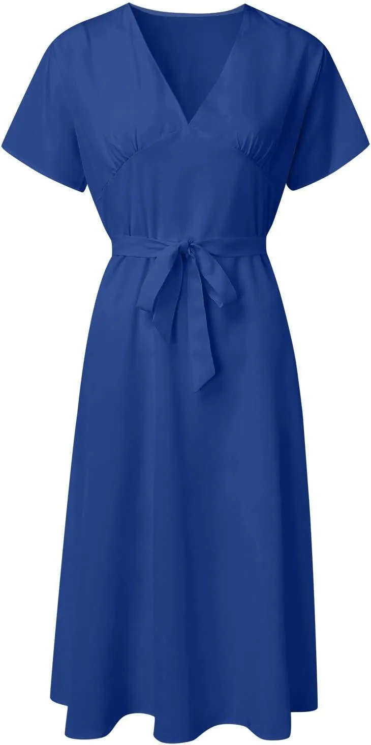 Women's Formal Dresses Elegant Deep V-Neck Short Puff Sleeve Crew Neck Knee Length Dresses with Blet Boho Summer Clothes
