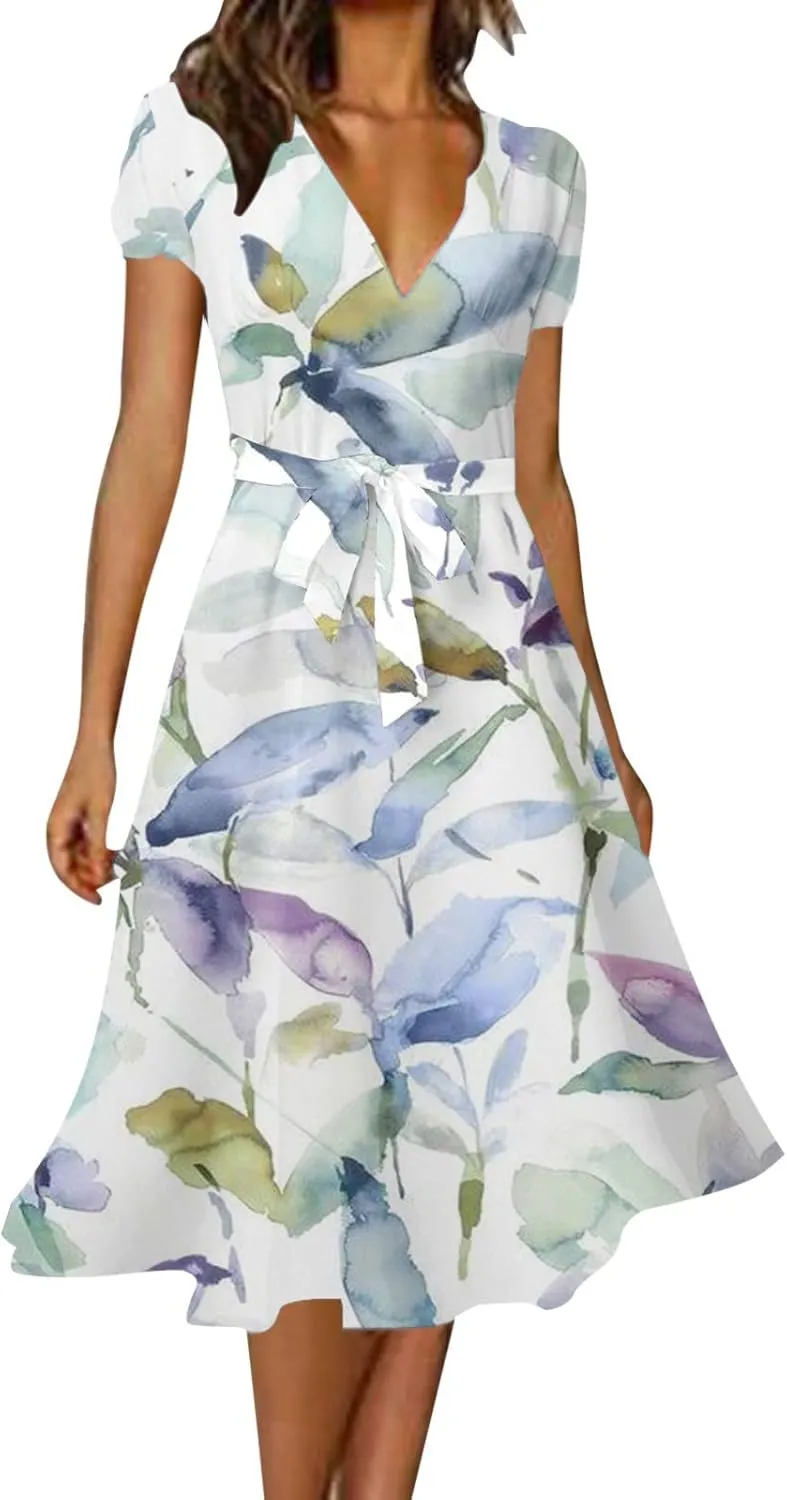 Women's Formal Dresses Elegant Deep V-Neck Short Puff Sleeve Crew Neck Knee Length Dresses with Blet Boho Summer Clothes