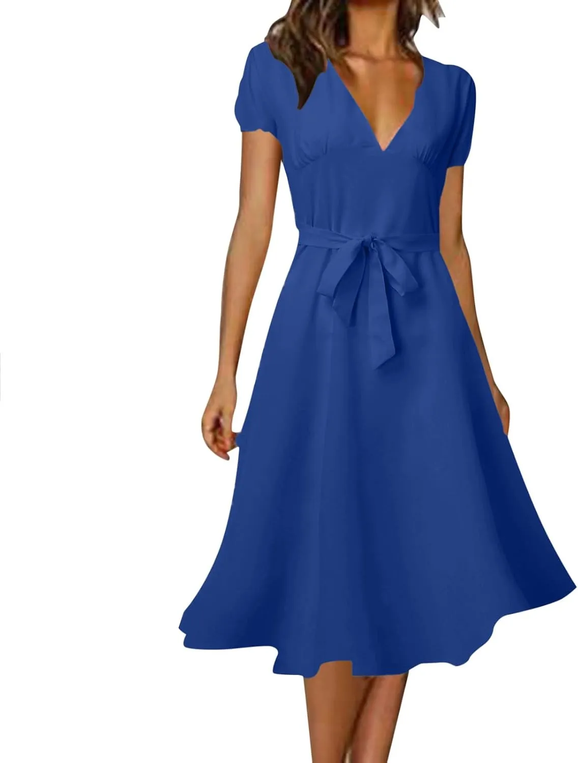Women's Formal Dresses Elegant Deep V-Neck Short Puff Sleeve Crew Neck Knee Length Dresses with Blet Boho Summer Clothes