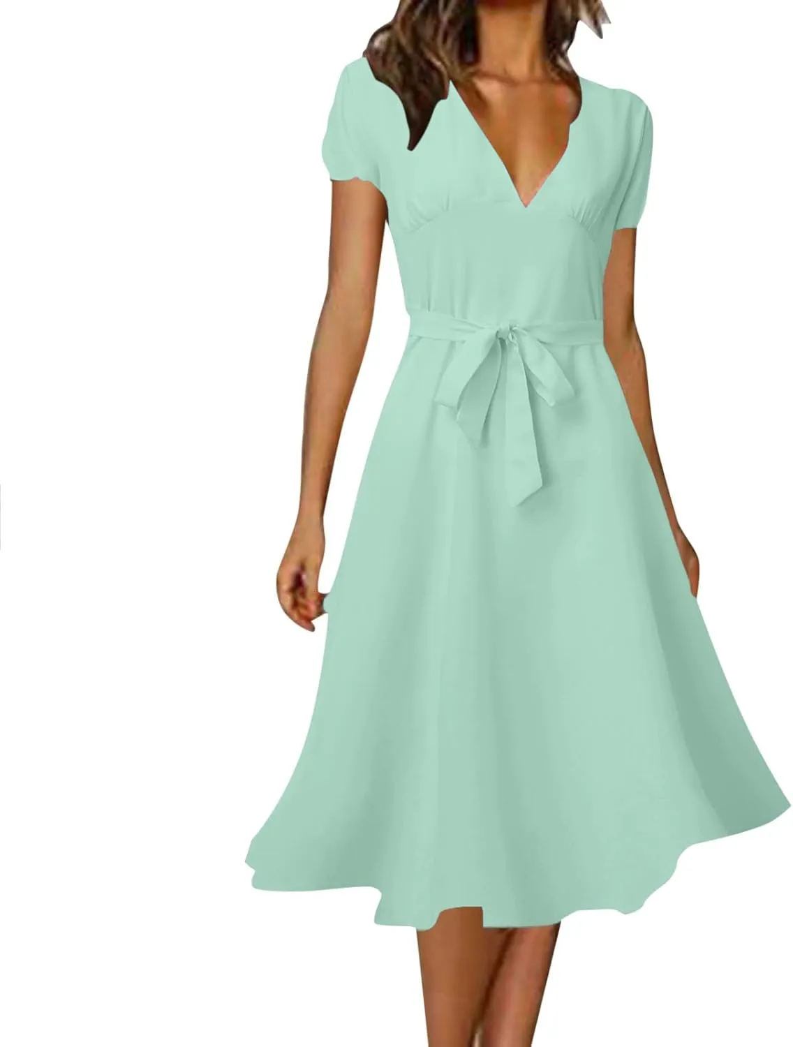 Women's Formal Dresses Elegant Deep V-Neck Short Puff Sleeve Crew Neck Knee Length Dresses with Blet Boho Summer Clothes