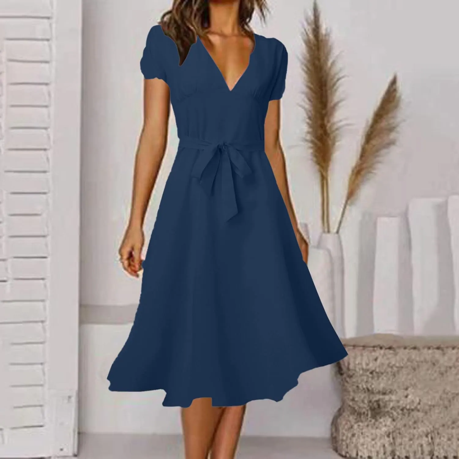 Women's Formal Dresses Elegant Deep V-Neck Short Puff Sleeve Crew Neck Knee Length Dresses with Blet Boho Summer Clothes