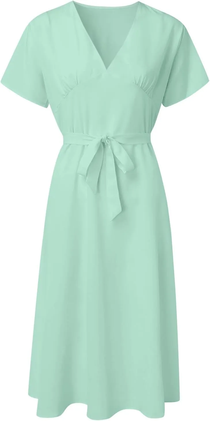 Women's Formal Dresses Elegant Deep V-Neck Short Puff Sleeve Crew Neck Knee Length Dresses with Blet Boho Summer Clothes