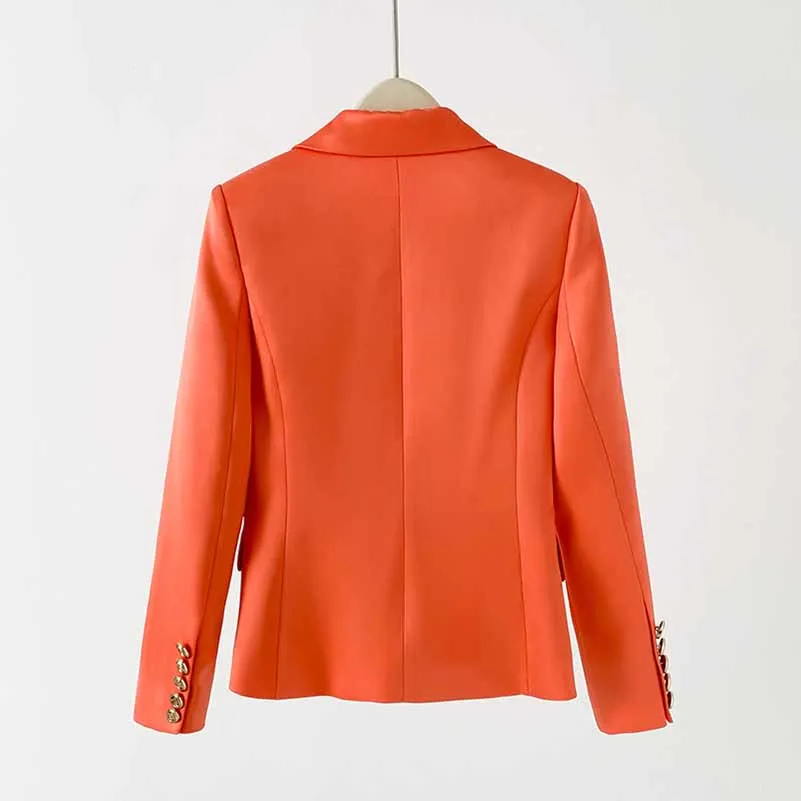 Women's Golden Lion Buttons Orange Skirts Blazer Suit Jacket   High Waist Skirts Belt Suit