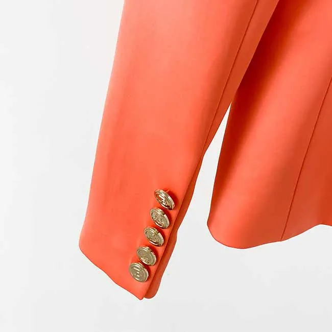 Women's Golden Lion Buttons Orange Skirts Blazer Suit Jacket   High Waist Skirts Belt Suit