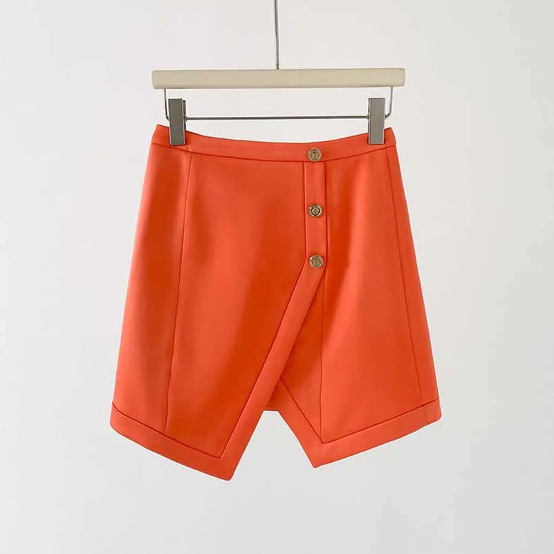 Women's Golden Lion Buttons Orange Skirts Blazer Suit Jacket   High Waist Skirts Belt Suit