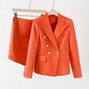 Women's Golden Lion Buttons Orange Skirts Blazer Suit Jacket   High Waist Skirts Belt Suit