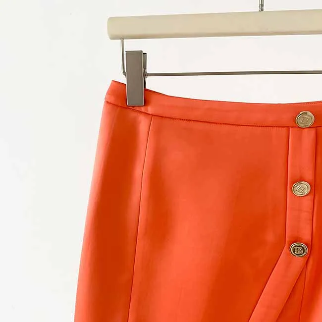 Women's Golden Lion Buttons Orange Skirts Blazer Suit Jacket   High Waist Skirts Belt Suit
