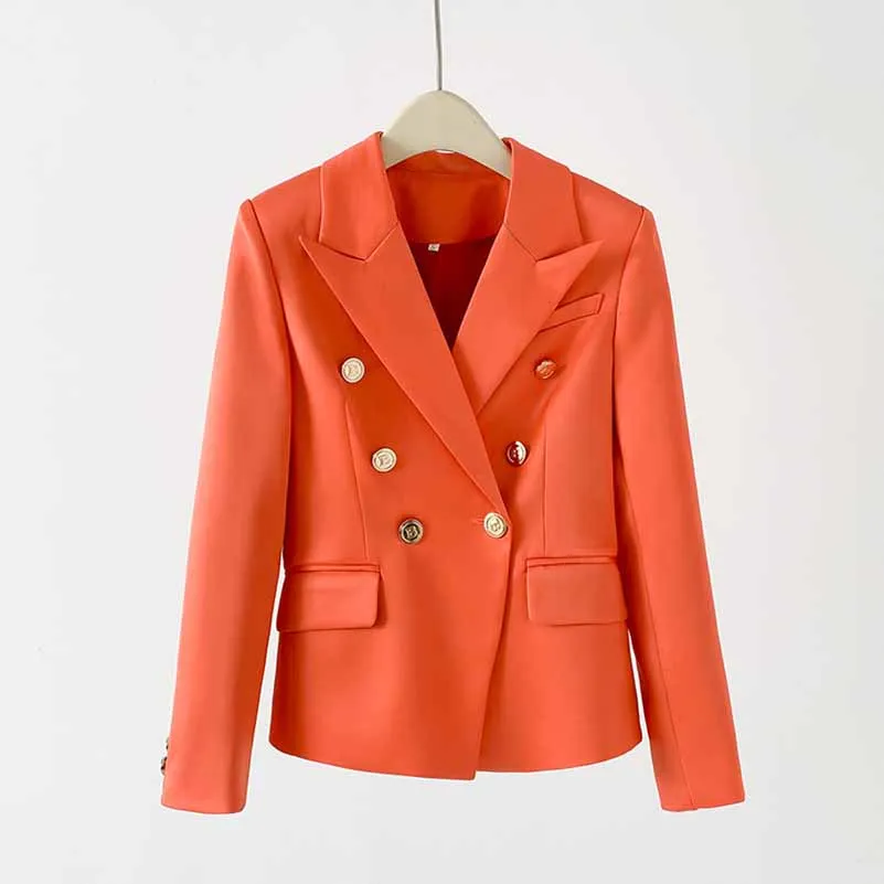 Women's Golden Lion Buttons Orange Skirts Blazer Suit Jacket   High Waist Skirts Belt Suit