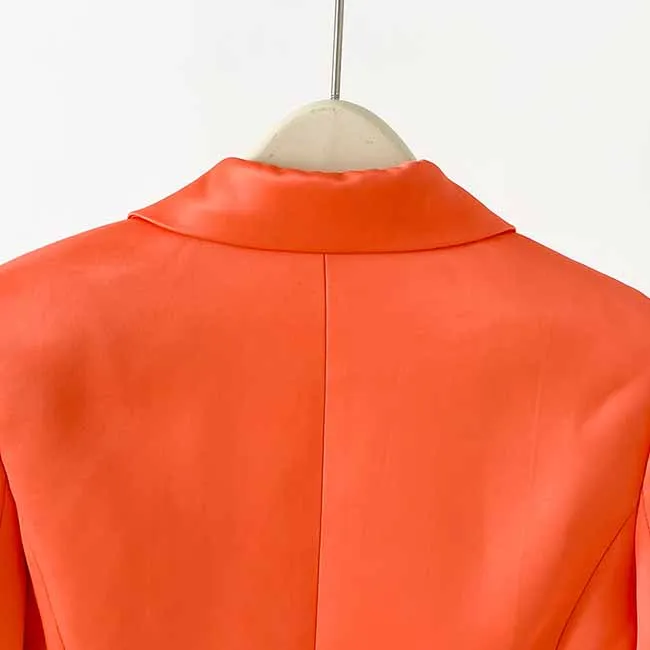 Women's Golden Lion Buttons Orange Skirts Blazer Suit Jacket   High Waist Skirts Belt Suit