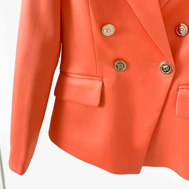 Women's Golden Lion Buttons Orange Skirts Blazer Suit Jacket   High Waist Skirts Belt Suit
