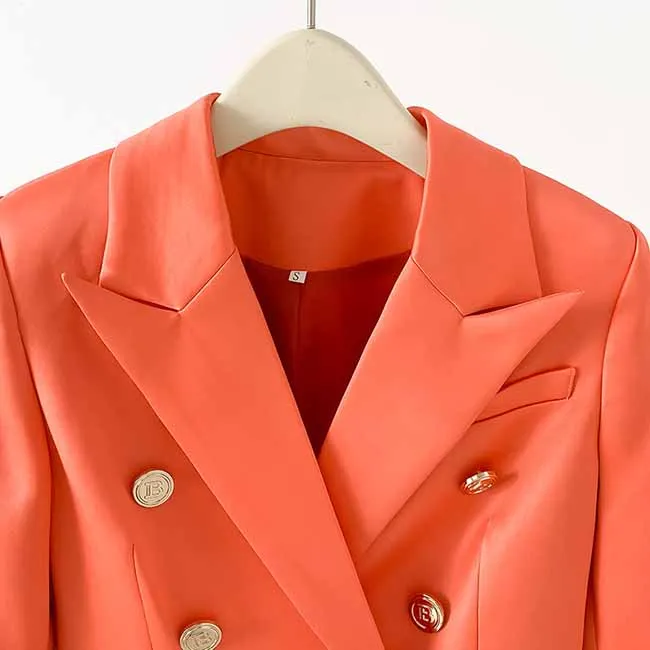 Women's Golden Lion Buttons Orange Skirts Blazer Suit Jacket   High Waist Skirts Belt Suit