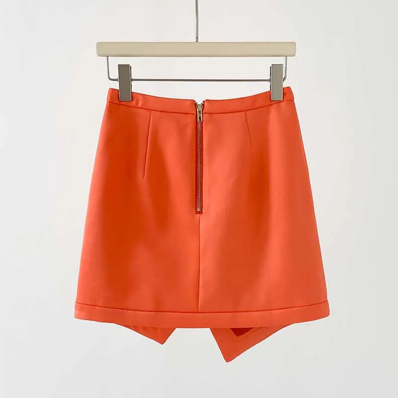 Women's Golden Lion Buttons Orange Skirts Blazer Suit Jacket   High Waist Skirts Belt Suit
