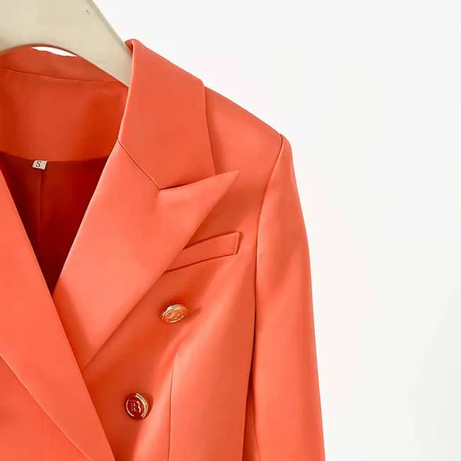 Women's Golden Lion Buttons Orange Skirts Blazer Suit Jacket   High Waist Skirts Belt Suit