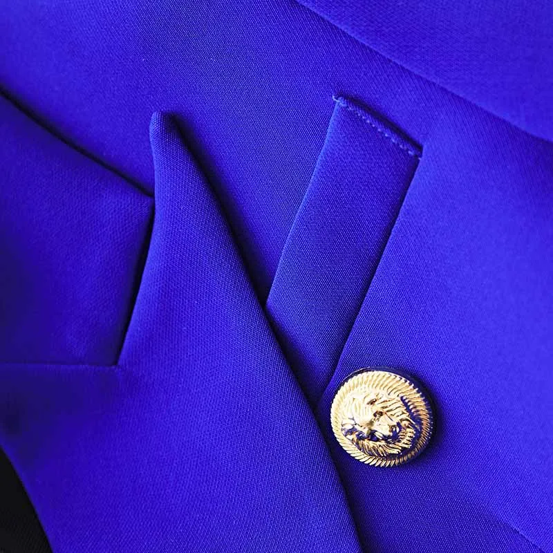 Women's Golden Lion Buttons Royal Blue Skirts Blazer Suit Jacket   High Waist Skirts Belt Suit