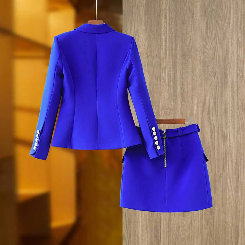 Women's Golden Lion Buttons Royal Blue Skirts Blazer Suit Jacket   High Waist Skirts Belt Suit
