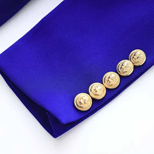 Women's Golden Lion Buttons Royal Blue Skirts Blazer Suit Jacket   High Waist Skirts Belt Suit
