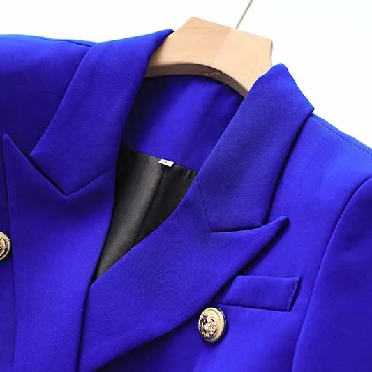 Women's Golden Lion Buttons Royal Blue Skirts Blazer Suit Jacket   High Waist Skirts Belt Suit
