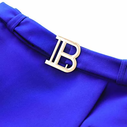 Women's Golden Lion Buttons Royal Blue Skirts Blazer Suit Jacket   High Waist Skirts Belt Suit
