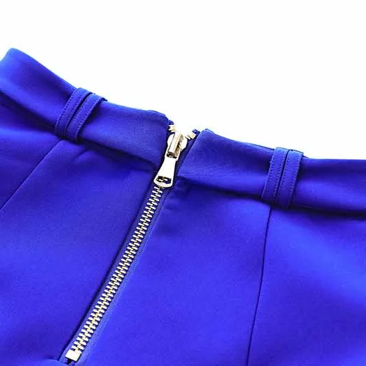 Women's Golden Lion Buttons Royal Blue Skirts Blazer Suit Jacket   High Waist Skirts Belt Suit